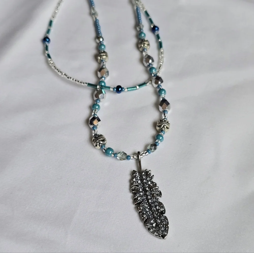 Blue and Silver Feather Pendant Necklace And Earrings, Hand crafted, New